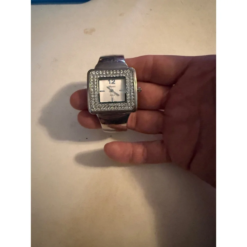 Geneva Platinum Womens Silver Tone‎ Square Rhinestone Bezel Hinged Cuff Watch